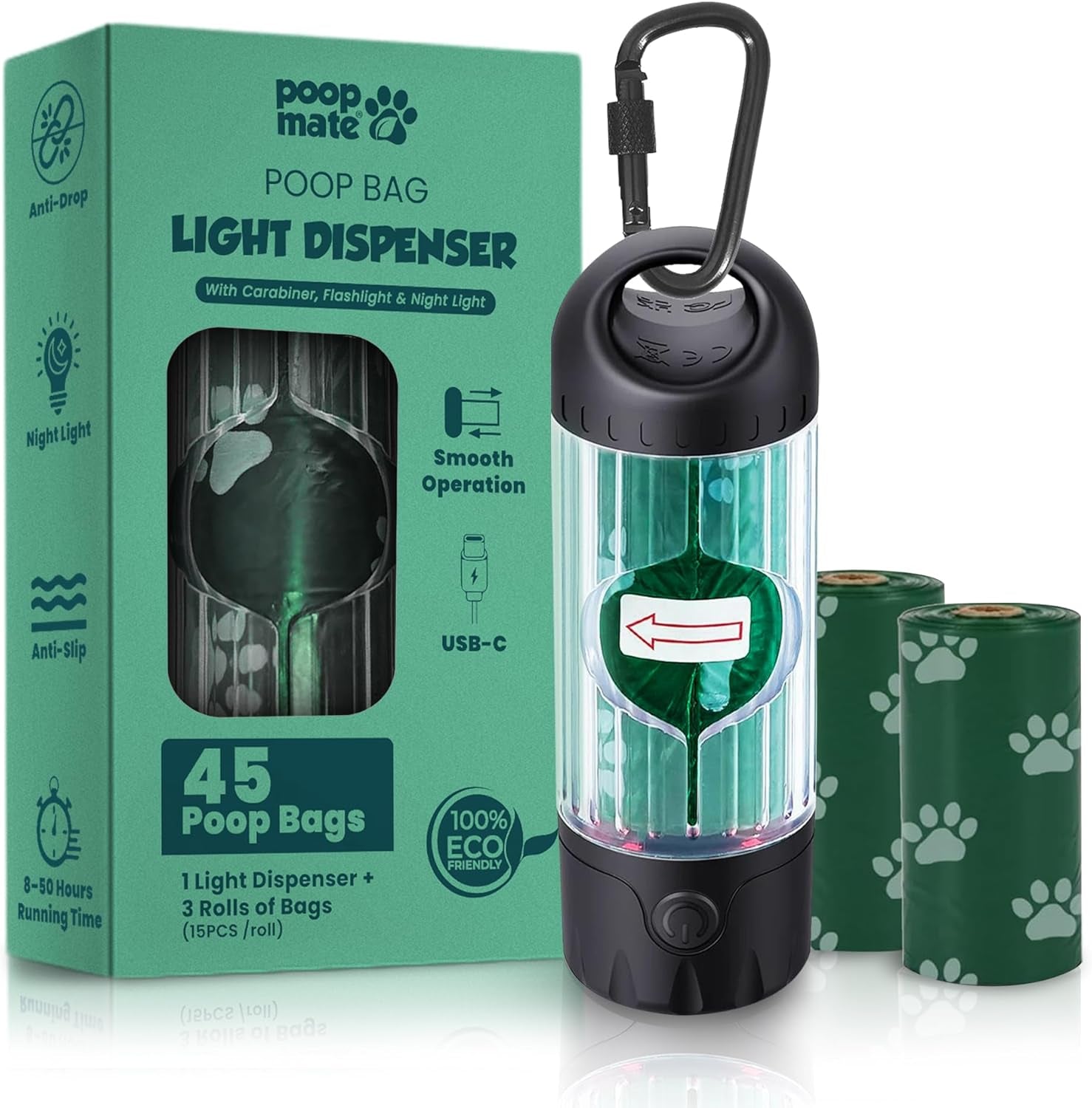 LED Flashlight Dog Poop Bag Dispenser | USB-C Rechargeable, 45 Bags Included – Wags & Whiskers