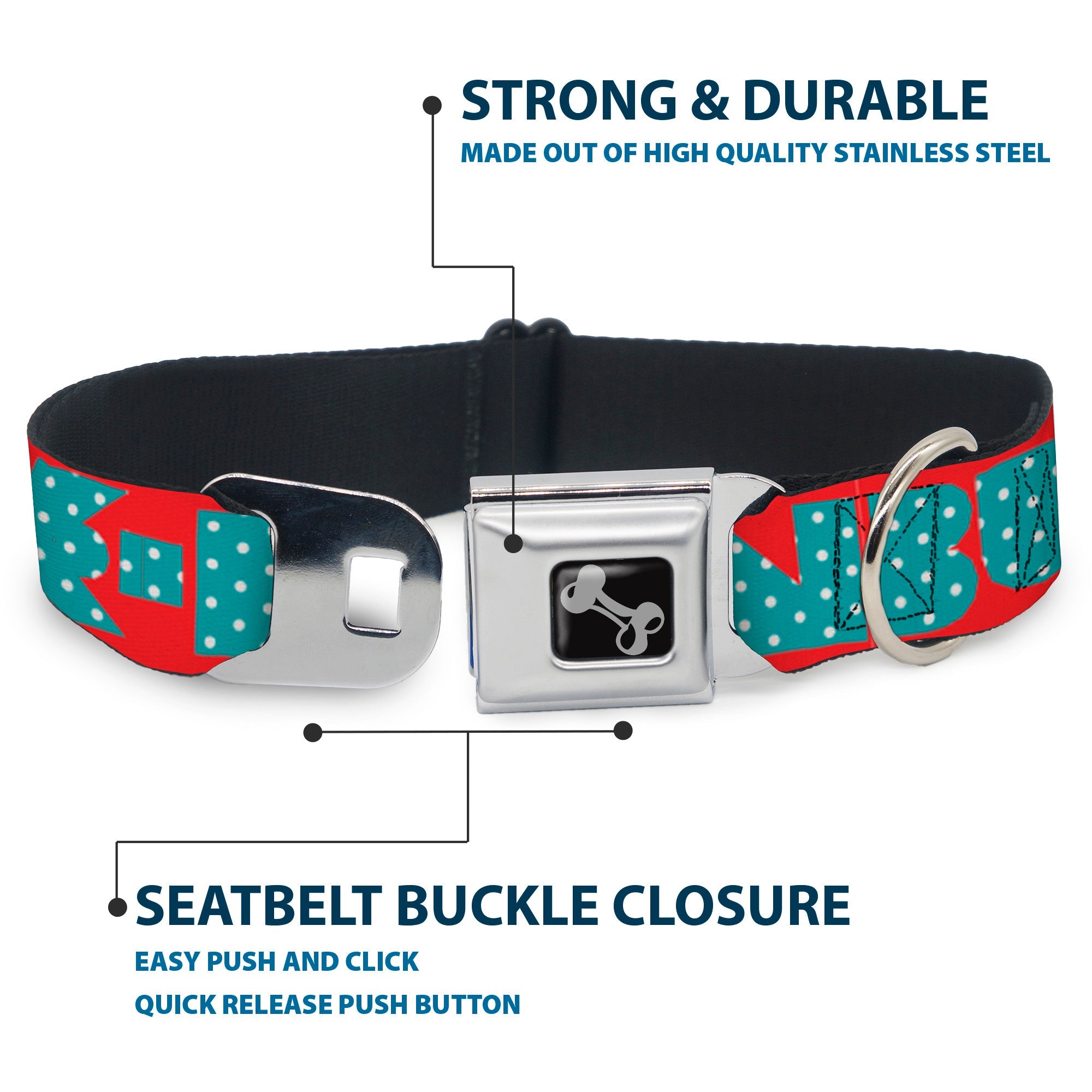 Dog Bone Buckle Collar - BUCKLE-DOWN Shapes Red/Dot Turquoise/White