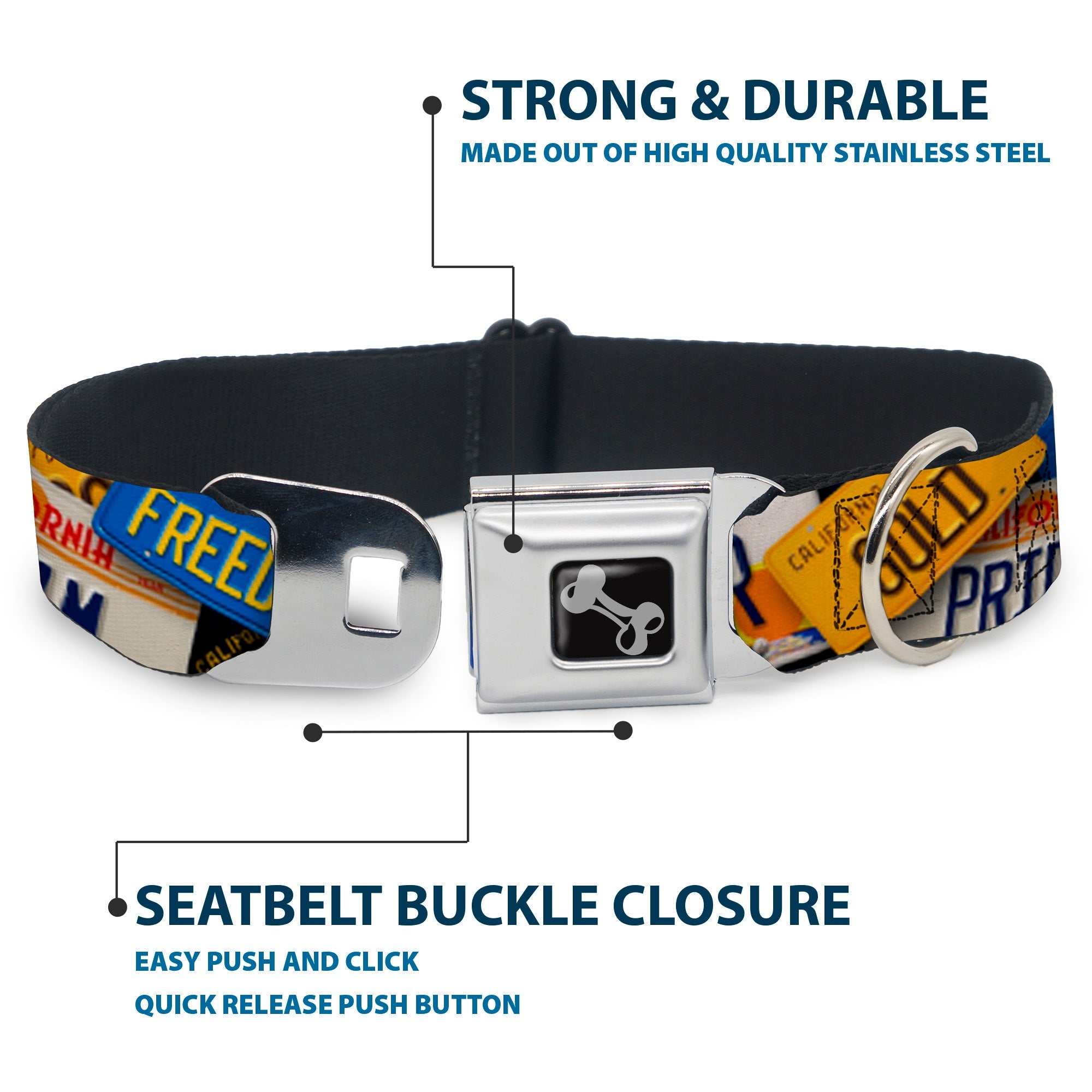 Dog Bone Seatbelt Buckle Collar - Cali License Plates Stacked