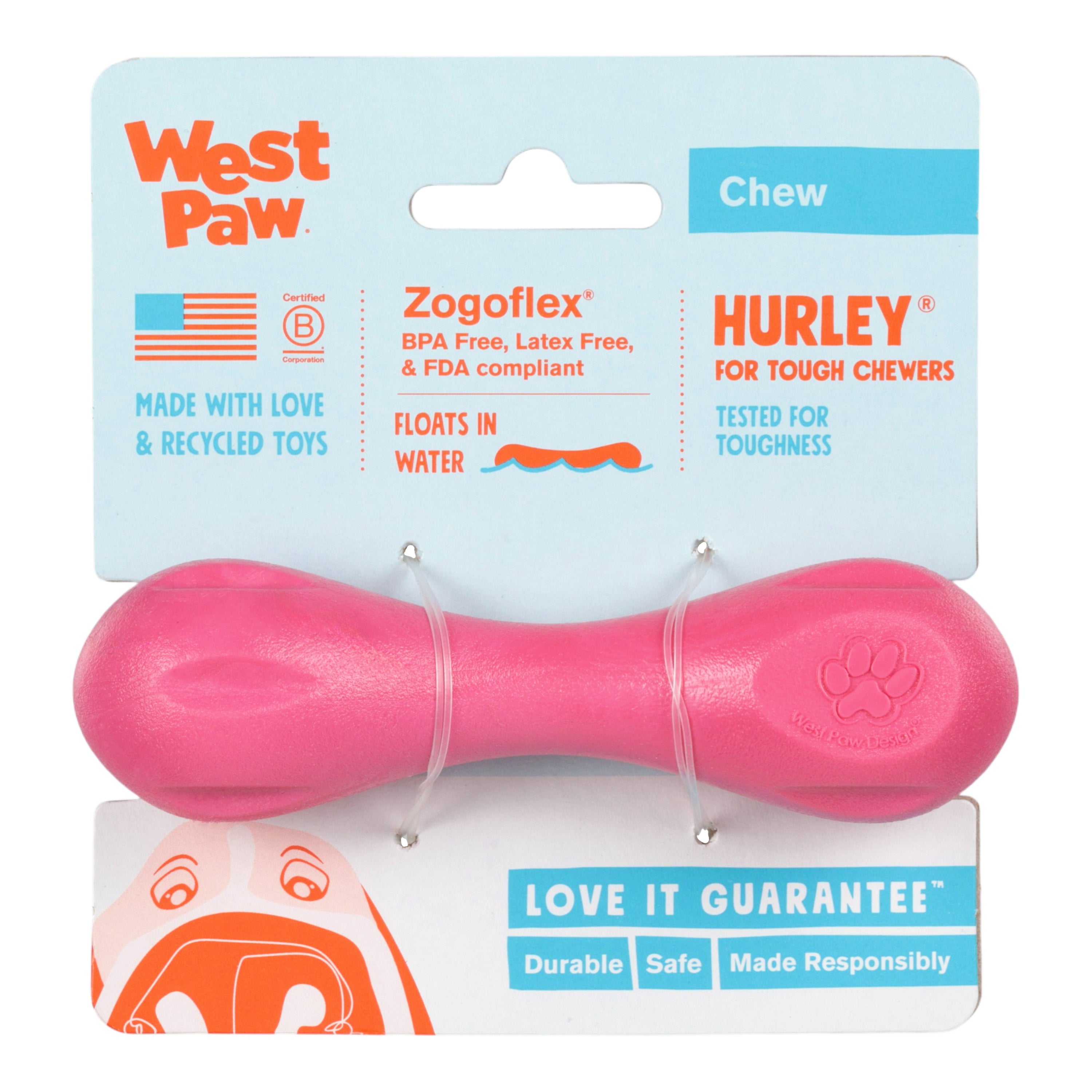 Hurley Dog Bone Chew Toy | Nearly Indestructible Fetch Bone – West Paw (Geranium)