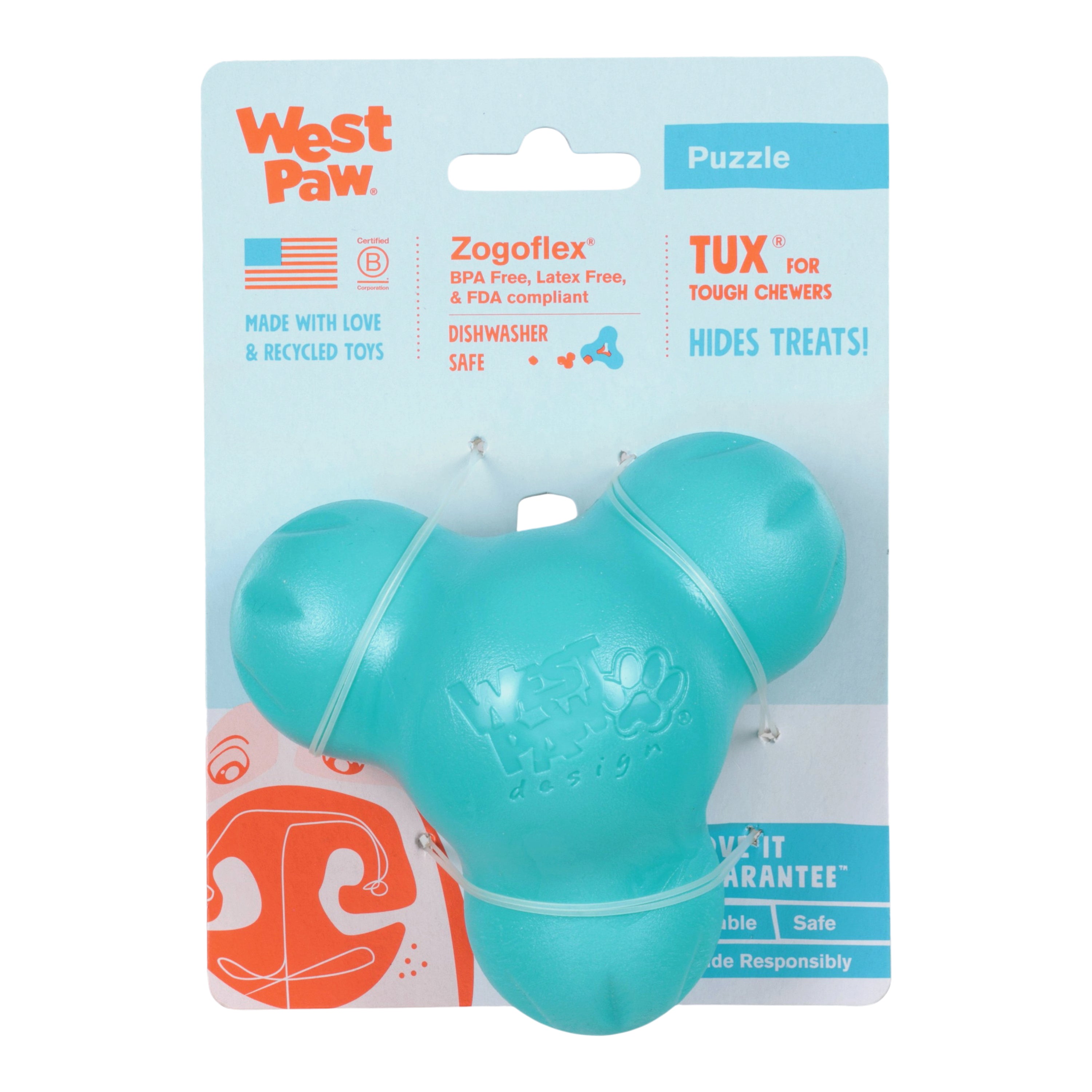 Tux Treat-Dispensing Dog Toy | Tough Chew with Hidden Treat Pocket – West Paw (Teal)