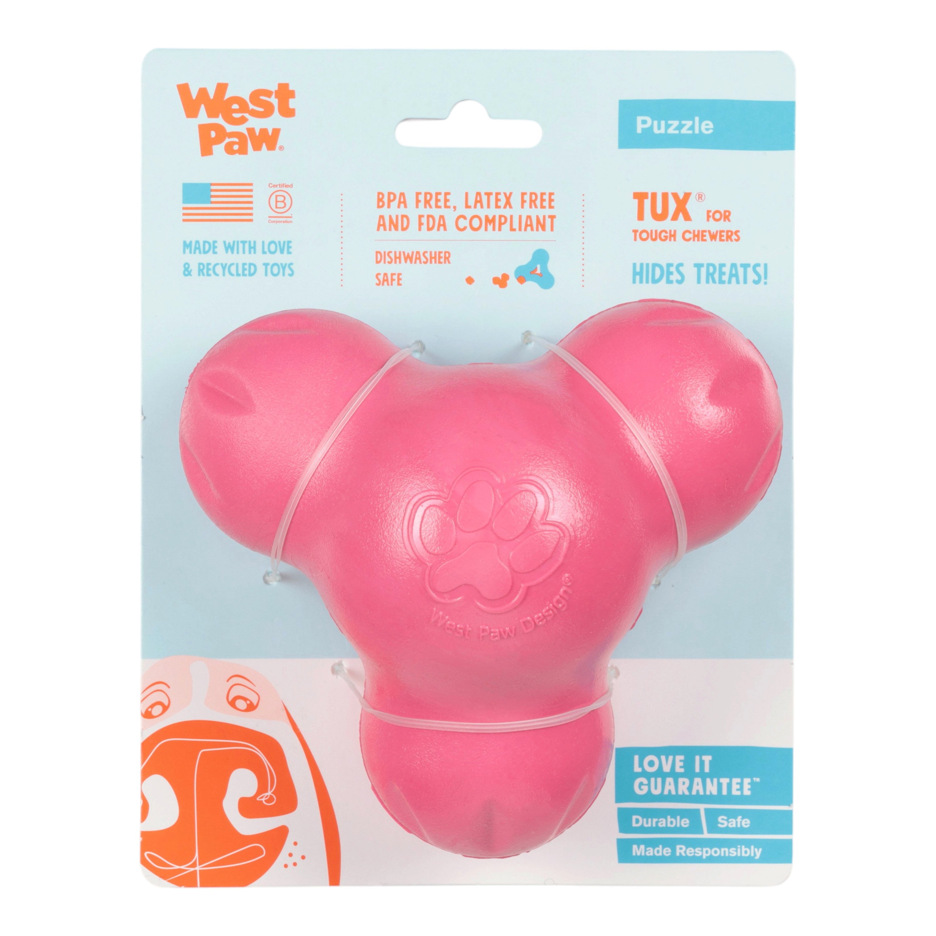 Tux Treat-Dispensing Dog Toy | Tough Chew with Hidden Treat Pocket – West Paw (Geranium)