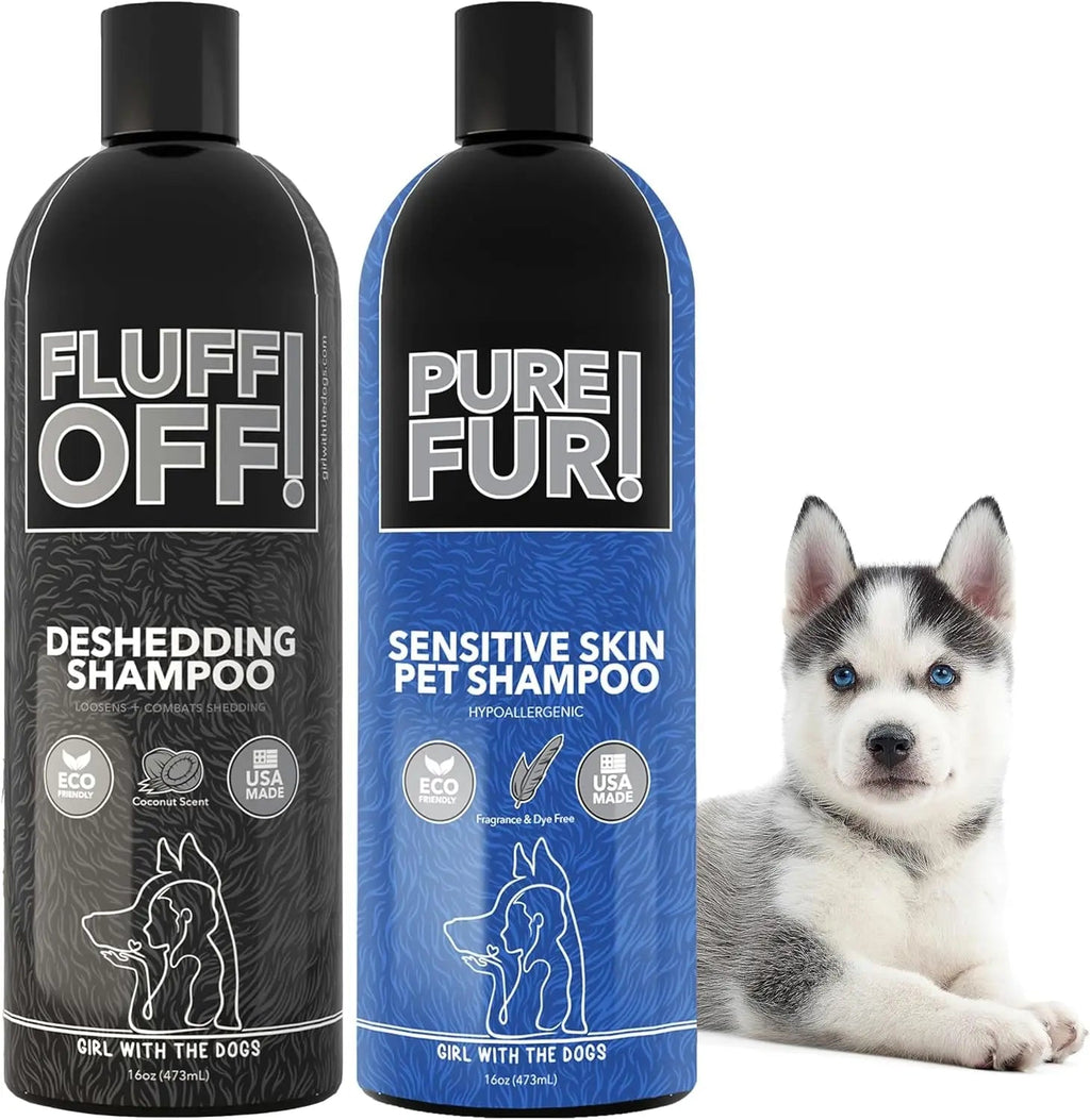 Fluff Off Dog & Cat Shampoo Set | Deshedding & Sensitive Skin Formula, 16oz Each – Wags & Whiskers