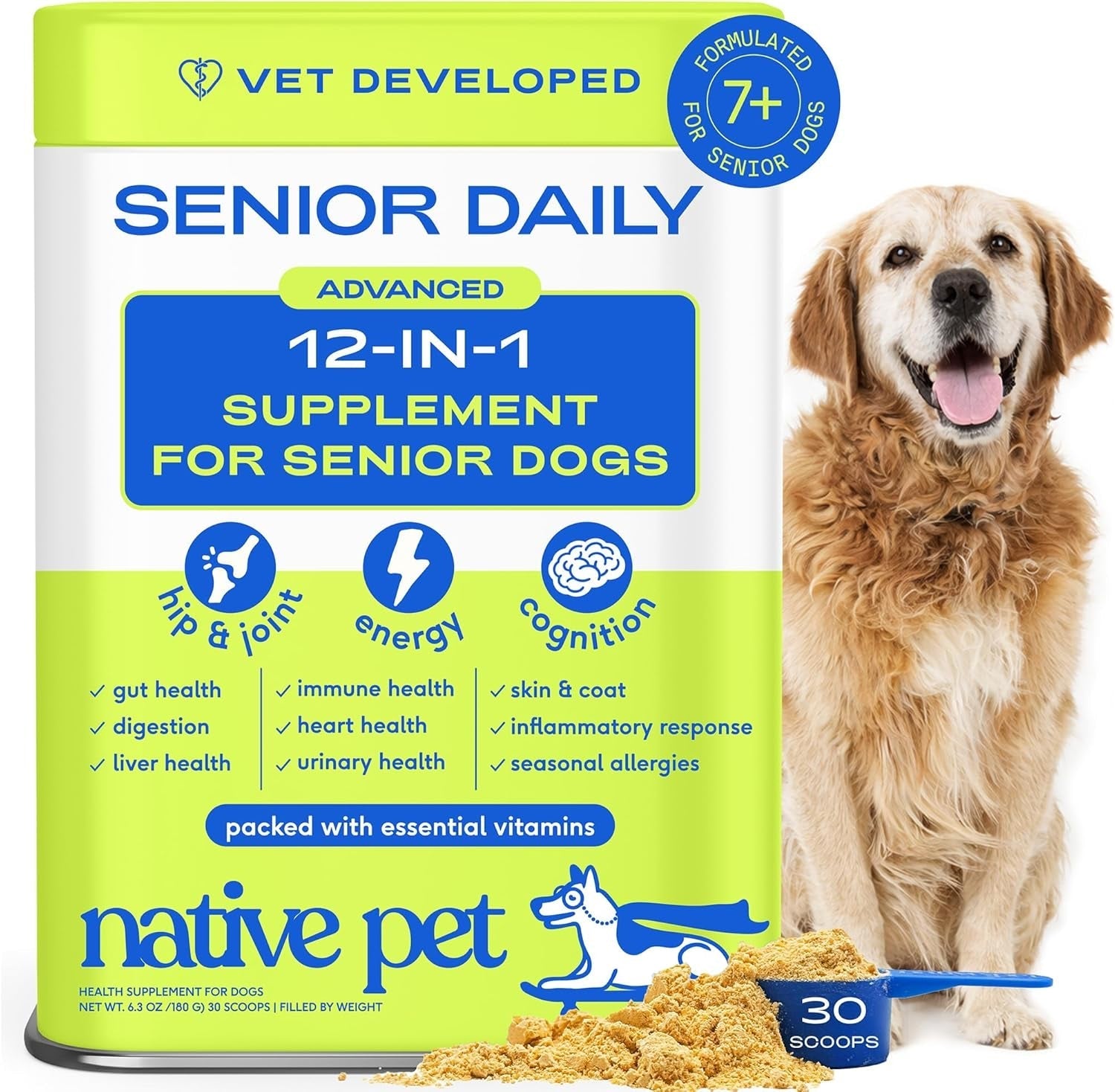 Senior Dog Multivitamin Powder | 12-in-1 Joint, Brain & Immune Support, 30 Scoops – Wags & Whiskers