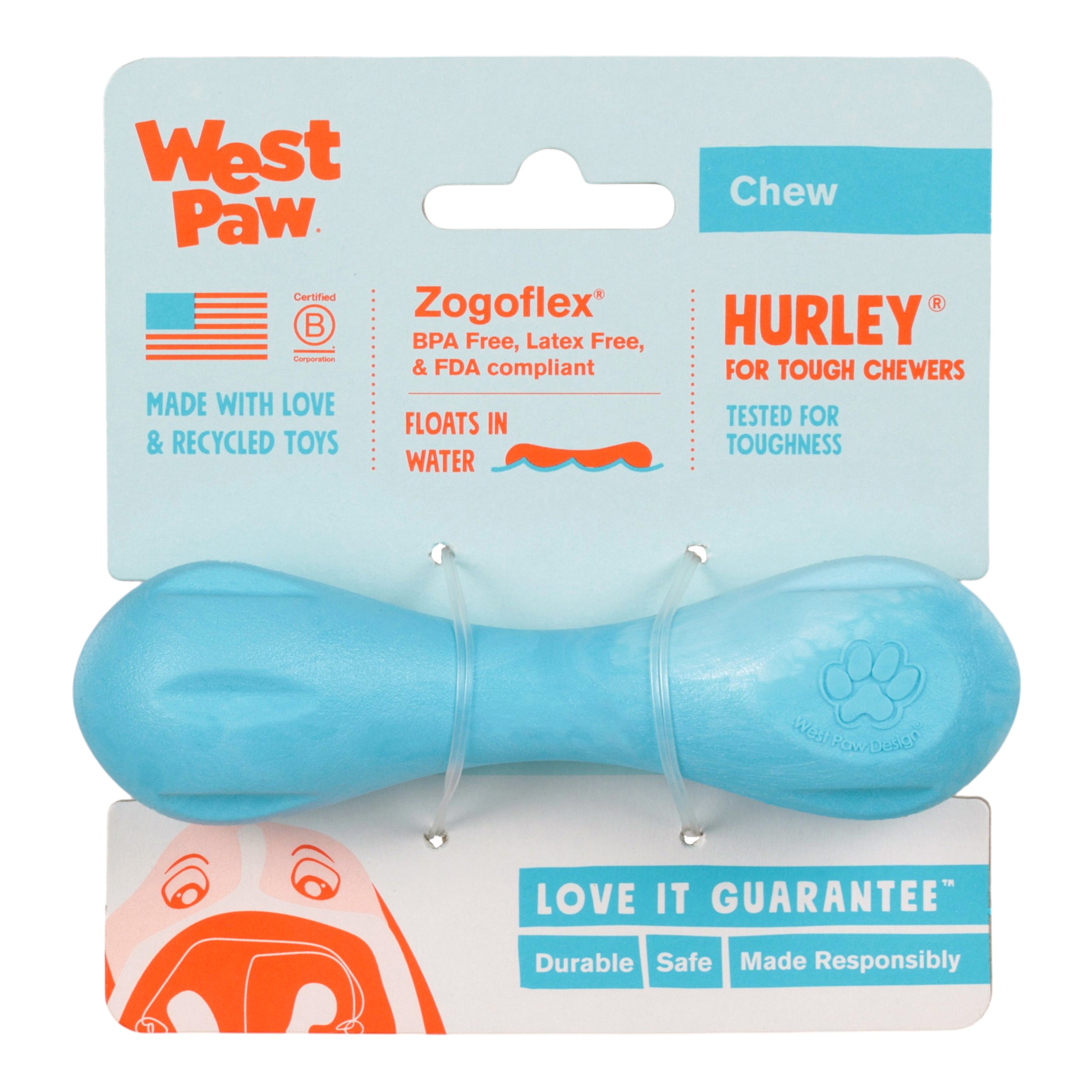 Hurley Dog Bone Chew Toy | Nearly Indestructible Fetch Bone – West Paw (Aqua Swirl)