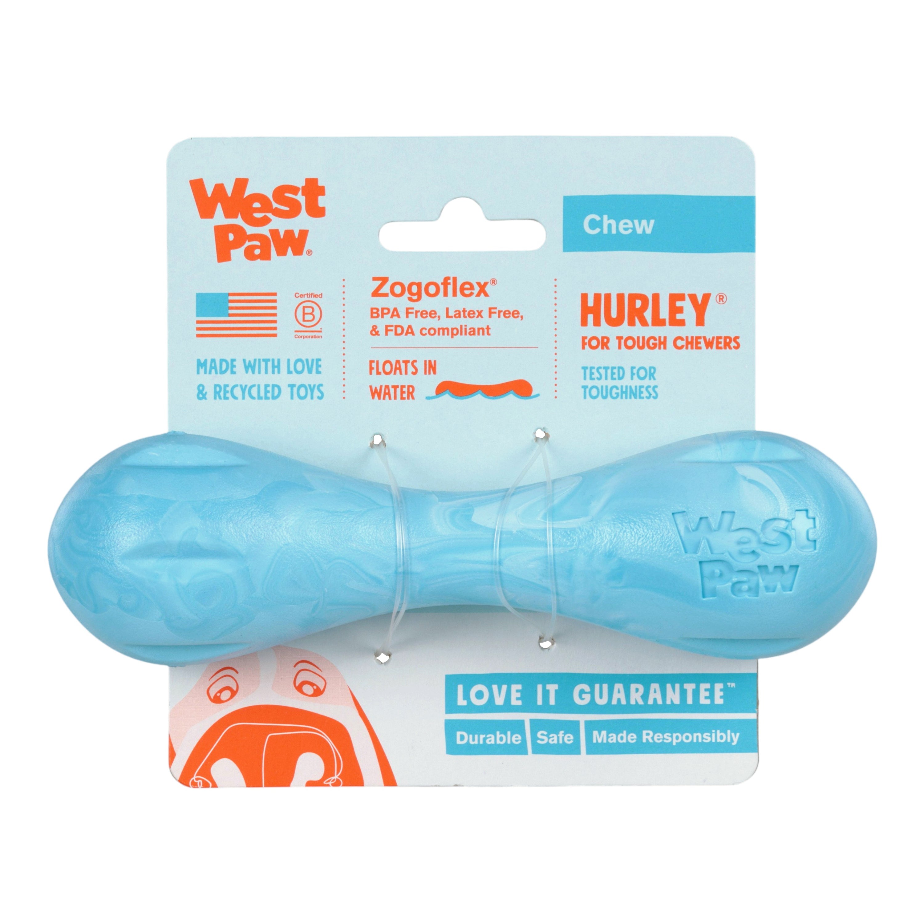 Hurley Dog Bone Chew Toy | Nearly Indestructible Fetch Bone – West Paw (Aqua Swirl)