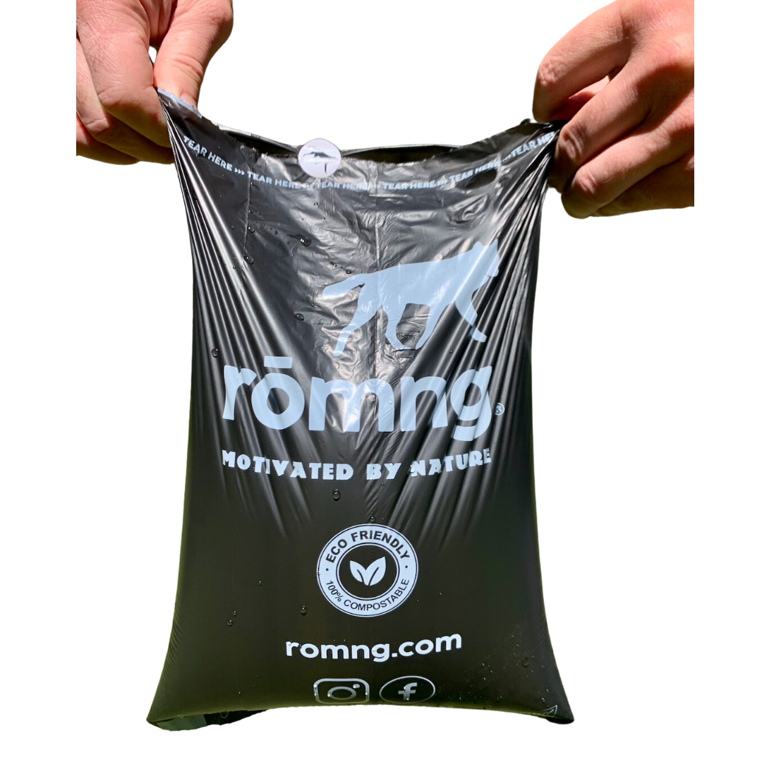 compostable plant-based dog waste bags + bamboo dispenser