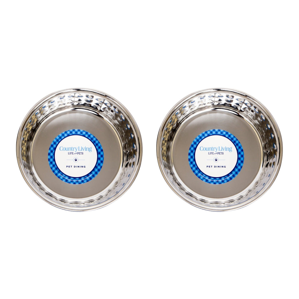 Country Living Hammered Stainless Steel Dog Bowls, Set of 2 | Rose Quartz, 64oz for XL Breeds