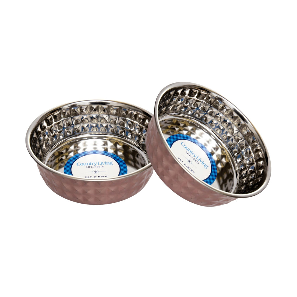 Country Living Hammered Stainless Steel Dog Bowls, Set of 2 | Rose Quartz, 64oz for XL Breeds