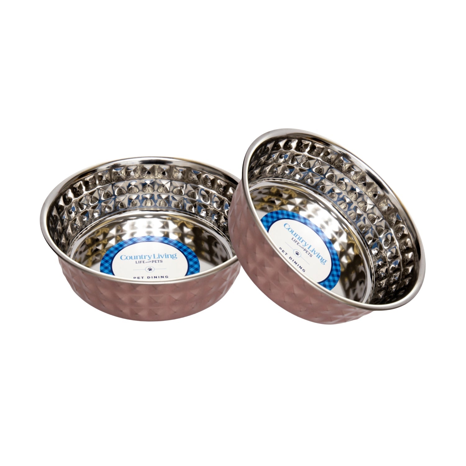 Country Living Hammered Stainless Steel Dog Bowls, Set of 2 | Rose Quartz, 64oz for XL Breeds