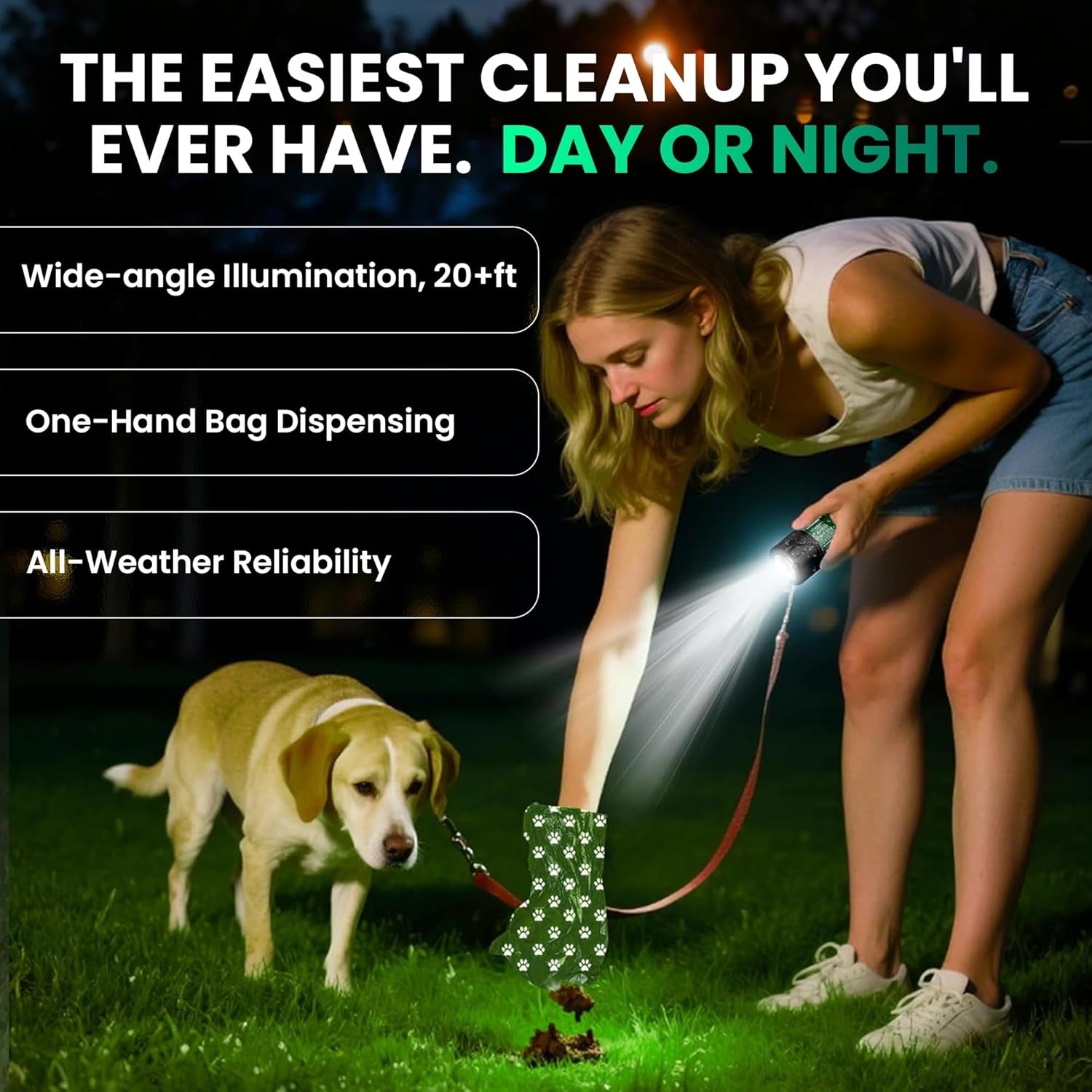 LED Flashlight Dog Poop Bag Dispenser | USB-C Rechargeable, 45 Bags Included – Wags & Whiskers