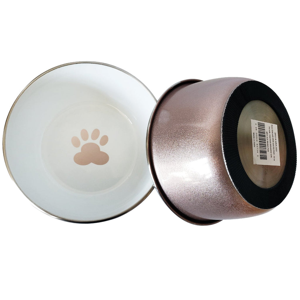 Deep Dog Bowl with Paw Print Design | Stainless Steel Bowl, Rose Gold