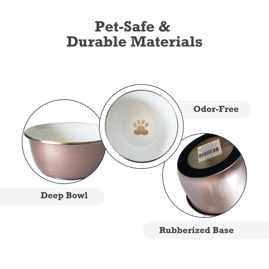 Deep Dog Bowl with Paw Print Design | Stainless Steel Bowl, Rose Gold