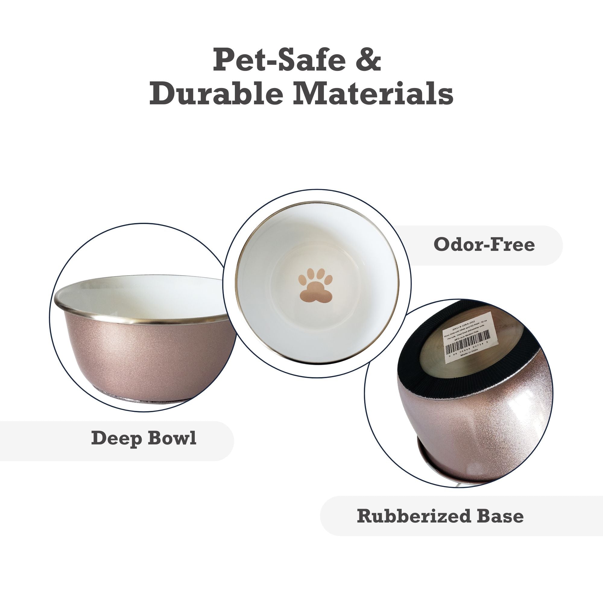 Deep Dog Bowl with Paw Print Design | Stainless Steel Bowl, Rose Gold