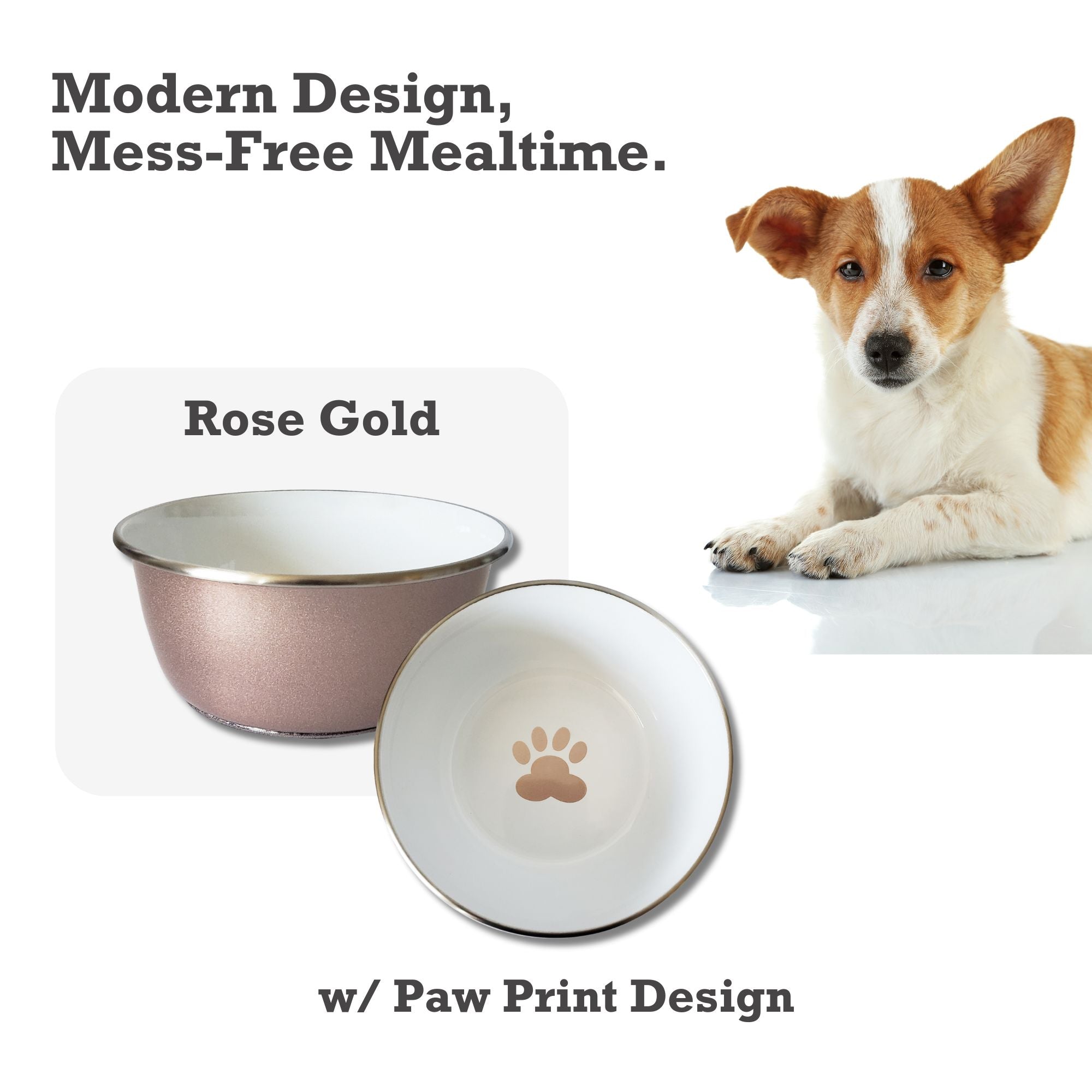 Deep Dog Bowl with Paw Print Design | Stainless Steel Bowl, Rose Gold