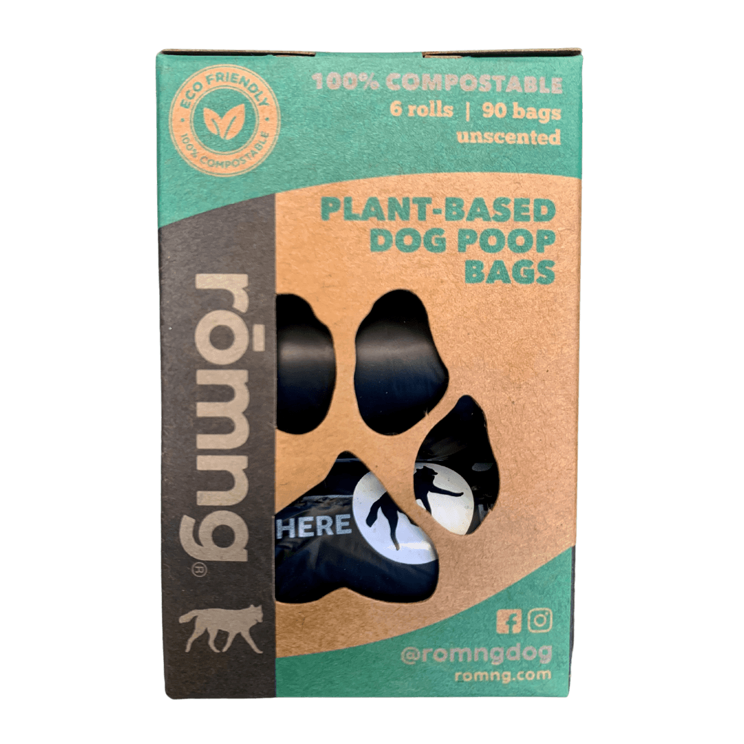 compostable plant-based dog waste bags + bamboo dispenser