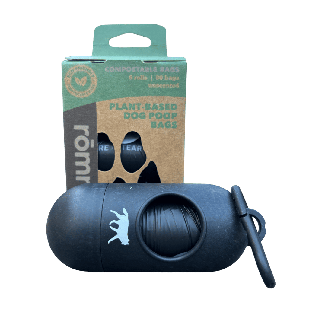 compostable plant-based dog waste bags + bamboo dispenser