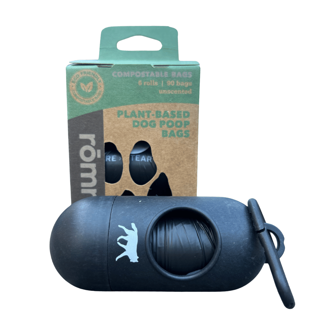 compostable plant-based dog waste bags + bamboo dispenser