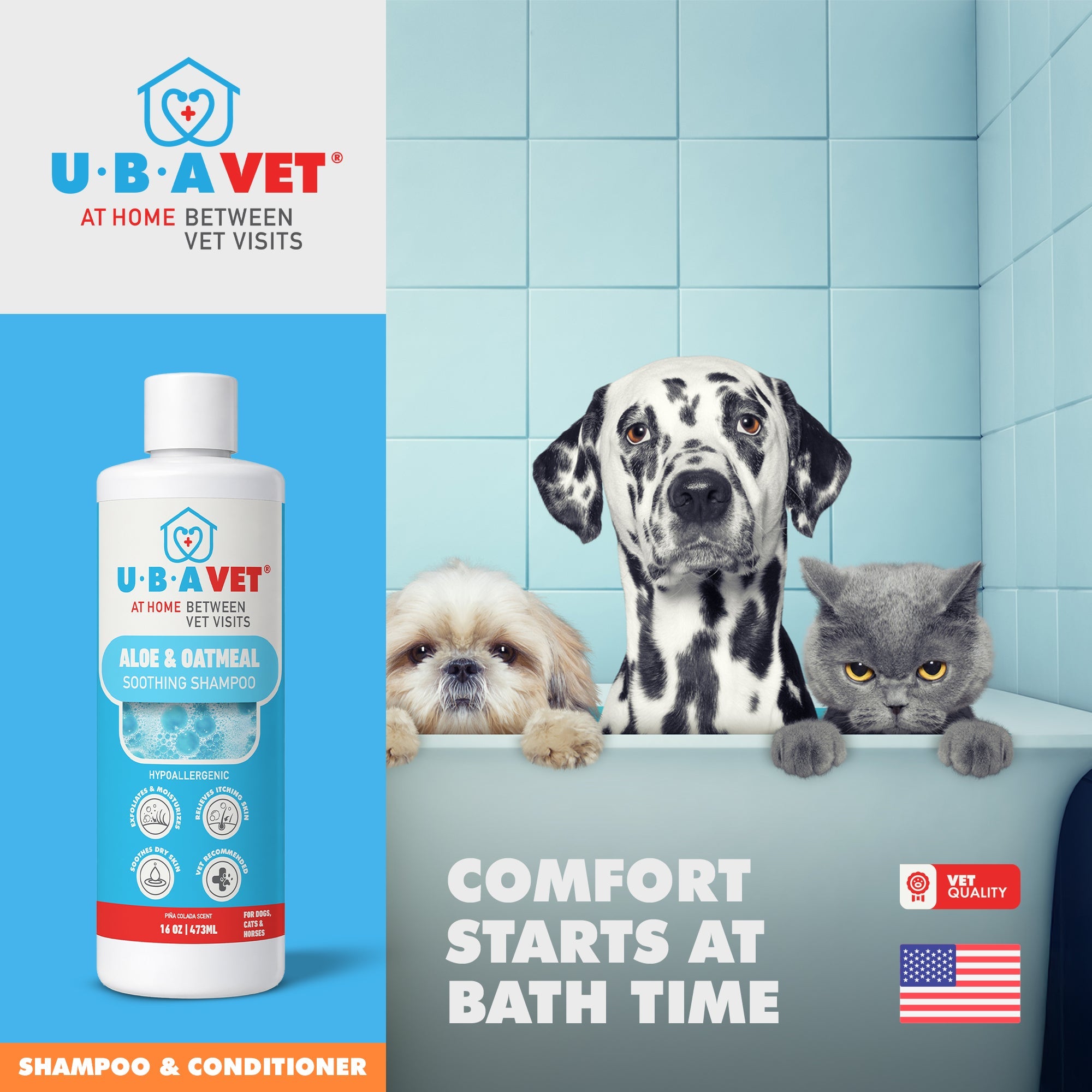 UBAVET Aloe & Oatmeal Shampoo | Gentle Cleanser for Sensitive Skin, 16.9oz