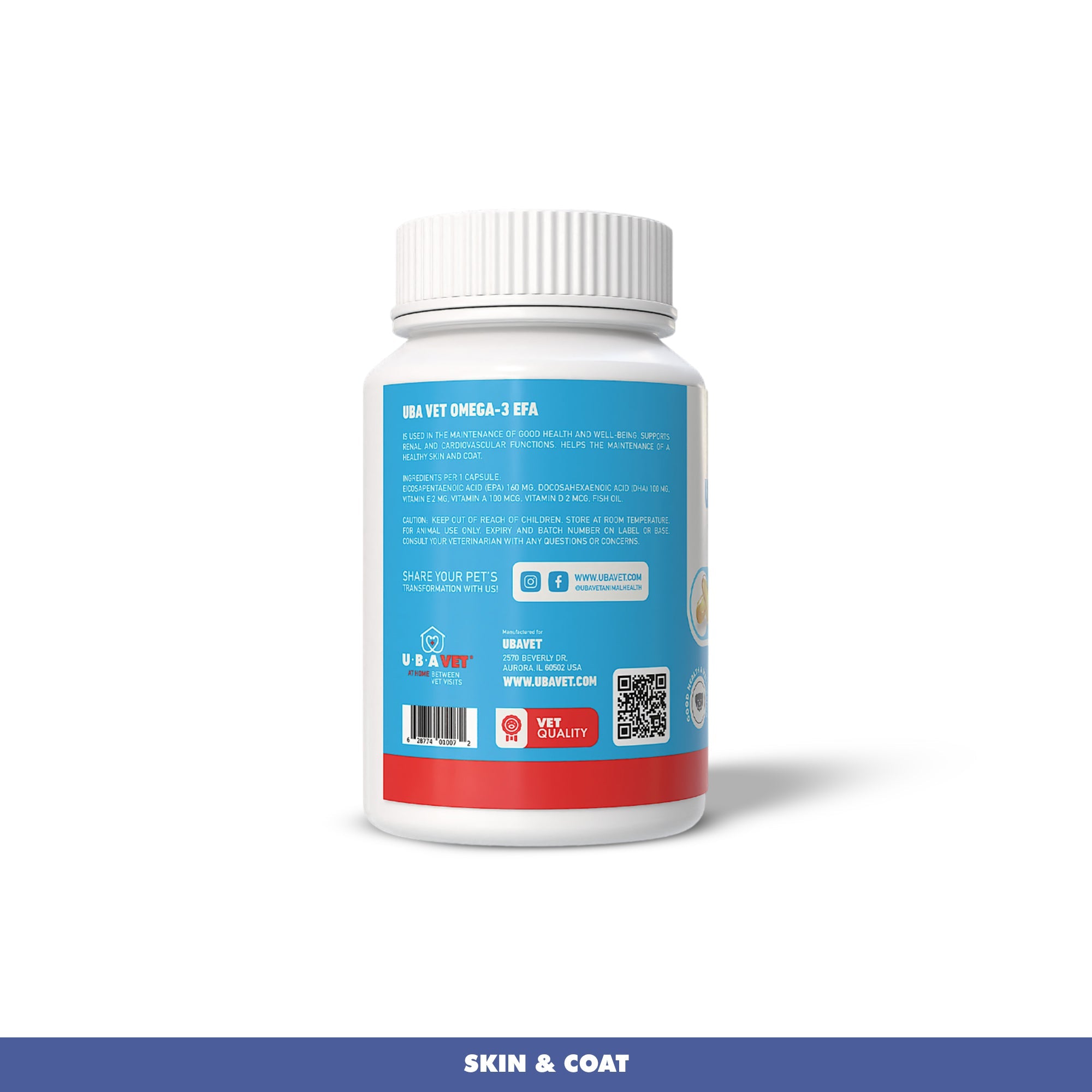 UBAVET Omega-3 Capsules 1000mg | Skin & Coat Support for Dogs & Cats, 120ct