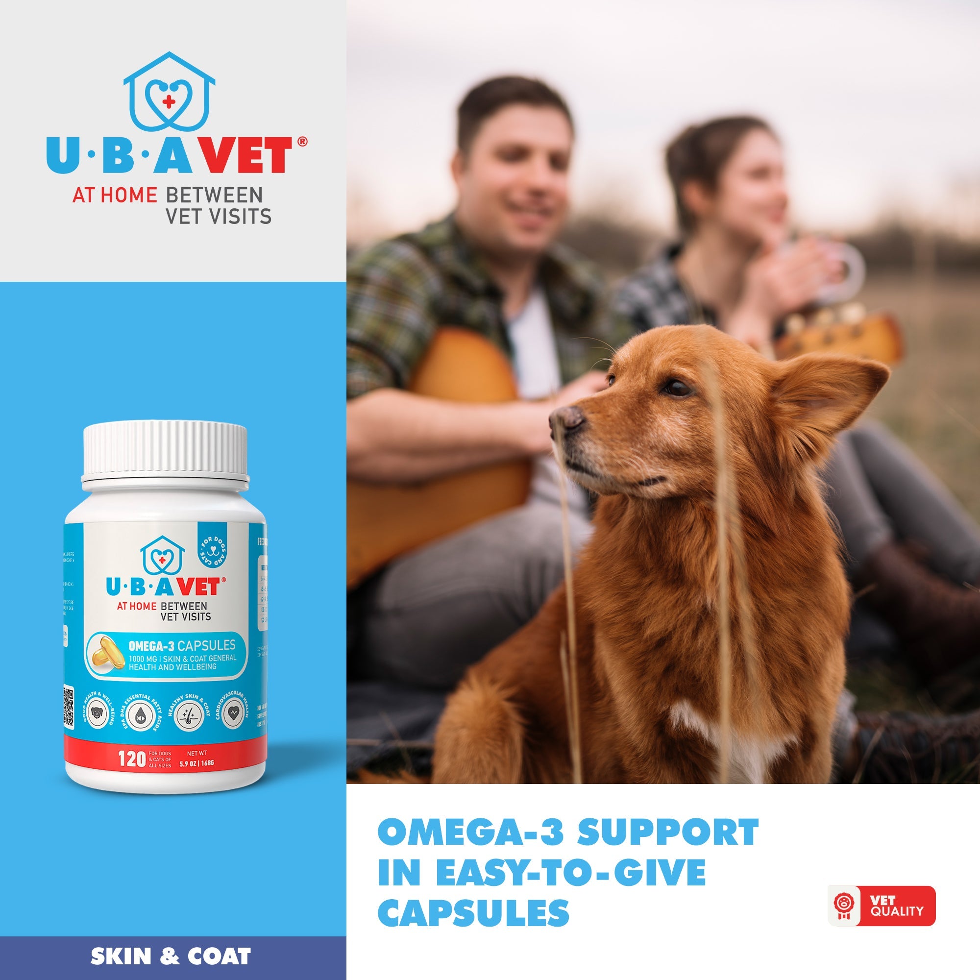 UBAVET Omega-3 Capsules 1000mg | Skin & Coat Support for Dogs & Cats, 120ct
