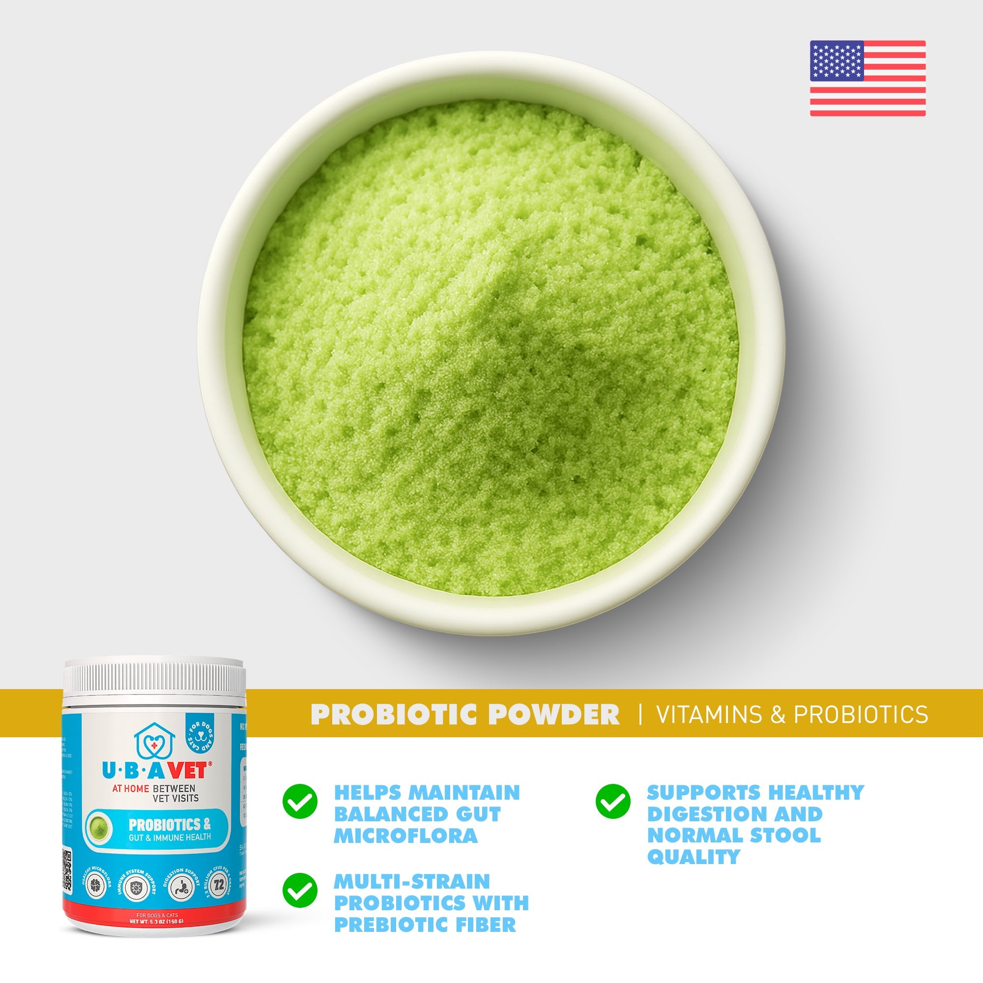 UBAVET Probiotics & Gut Health Powder | Immune Support for Dogs & Cats, 5.3oz